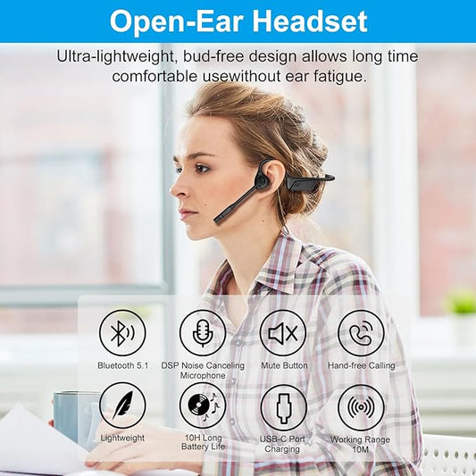 Smof Open-Ear Headphones with Mic, Bluetooth Headphones with Microphone Bluetooth 5.1 Wireless Headset with Noise-Canceling Mic and Mute Function for Online Meeting Driving-Not Bone Conduction