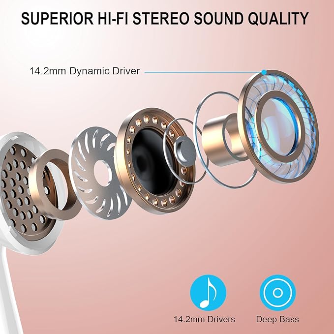 Wireless Earbuds, Bluetooth 5.4 Headphones, 48H, Stereo Ear Buds, LED Display Earphones with Mic, IP7 Waterproof In EarBud, Comfort Fit, Bluetooth Earbuds for Phone Android iOS, Sport, Walk, Rose Gold