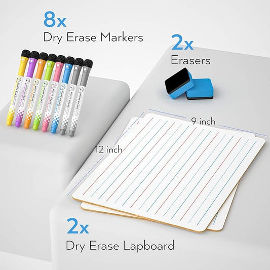 Nicpro Dry Erase Lap Board 9 x 12 inches 2 Pack Ruled Kid Double Sided Blank & Lined Small Lapboard with 8 Pens, 2 Eraser, Learning Mini Whiteboard Portable for Student and Classroom Use