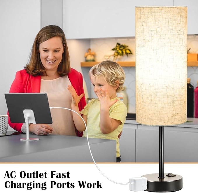 ZJOJO Table Lamp for Bedroom 2 Pack,18in Bedside Lamps with 3 Way Dimmable Rocker Switch & AC Outlet,Nightstand Desk Lamp with Flaxen Fabric Shade Black Base for Living Room Home Decor Lights