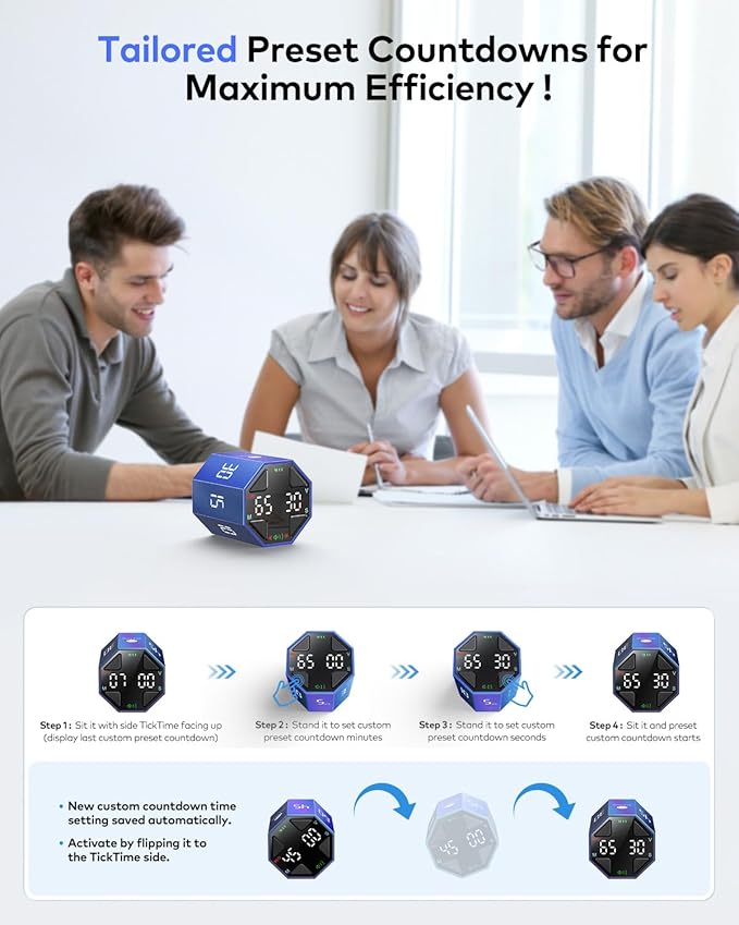 Pomodoro Timer Cube, Custom Pomodoro, Pause & Resume, Silent, Vibrate & Adjustable Sound Alert, for ADHD, Task, Work, Study, 3/5/10/15/30/45/60min & Custom Countdown, Blue