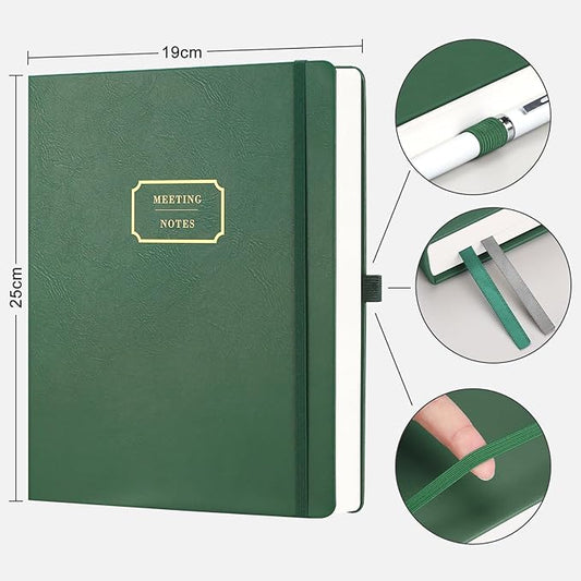 EMSHOI Meeting Notebook for Work with Action Items - 320 Pages B5 Thick Project Planner Agenda Organizer Work Notebook for Women Men Office Business, PU Leather Hardcover, 7.5" x 10", Dark Green