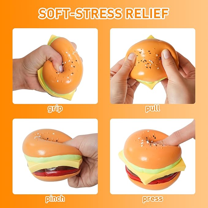 Squishy Toys, Taba Squishies Fidget Toys for Kids, Stress Balls for Adults, Sensory Toys for Autism, Squeeze Gifts, Anxiety Relief Party Favors for Girls & Boys (Hamburger)