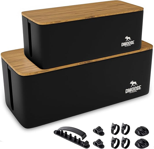 DMoose Cable Management Box - 2 Pack Medium & Large Cord Organizer for Desk & Floor, Cable Organizer Box for Child & Pet - Hider for Tidy Office & Home (Wood Print Lid, Black, Pack of 2)