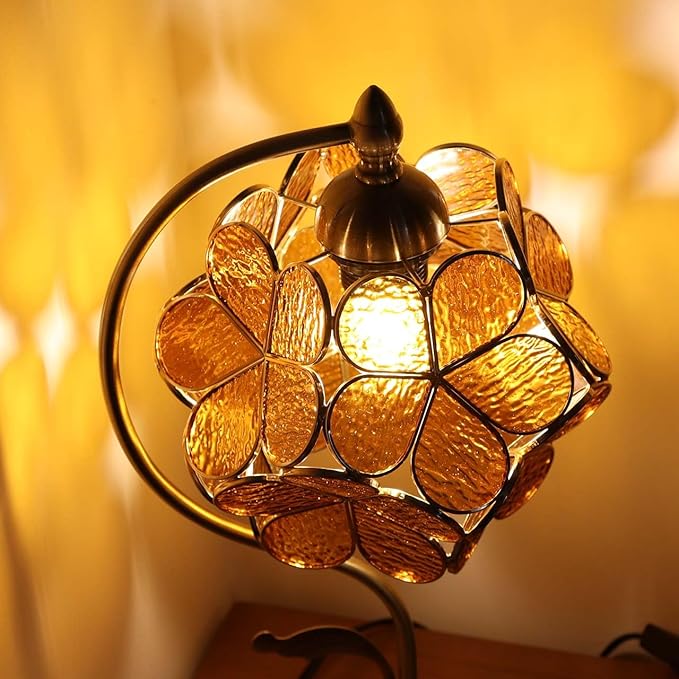 Bieye L10751 Tiffany Style Stained Glass Flower Petal Table Lamp with Brass Base for Home Décor (Amber, 8" Cherry Blossom)