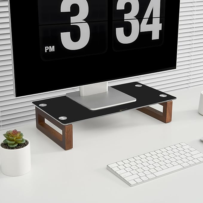 YEOUX Black Glass Computer Monitor Stand Riser with Wooden Base for Flat Screen LCD, LED TV, Laptop, Printer, Multi Media Desktop Stand, Office Supplies Desk Organization