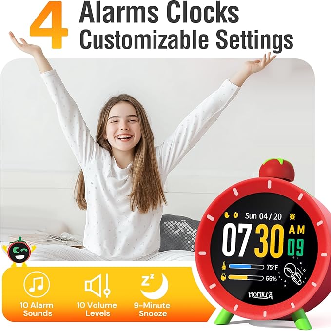 MOMILLA Kids Alarm Clock for Bedrooms, Colorful Display 7-Day Programmable 4 Alarms, Easy Visual Timer with White Noise, Cute Small Digital Clock, Gifts for Girls Boys Adults, Loud for Heavy Sleepers