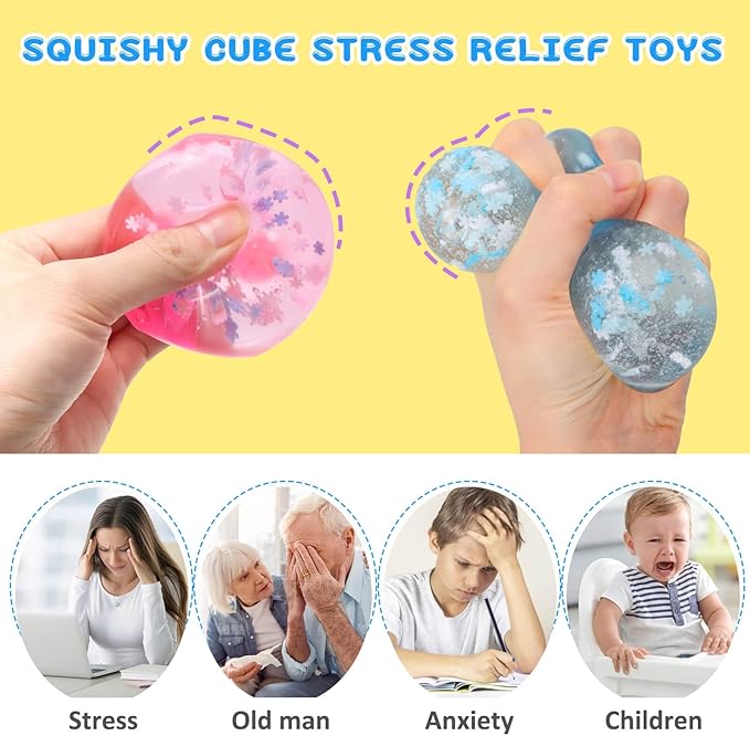 Ice Cube Fidget Toy for All Ages: 4 Pack Soft Cubes Sensory Fidget Ice Cube Stress Ball Squishy Cube Stress Relief Toys for Kids, Teens and Adults Party Favors, Birthday Gift for Kids Age 3+
