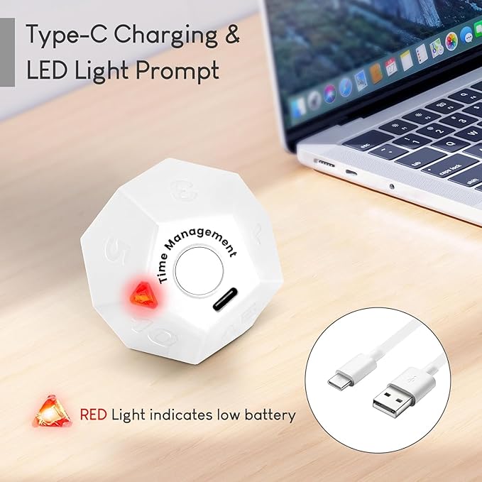 Mini 12 Sided Cube Timer, 11 Preset Times Pomodoro Timer for Enhanced Productivity. Ideal for ADHD Management, Workout, Study & Kitchen Cooking. Easy to Use(White)