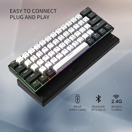 Newmen GM610 60% Wireless Mechanical Gaming Keyboard,Wired/Bluetooth/2.4G Keyboard,RGB Backlit,61 Anti-Ghosting Keys,Programmable,Hot-Swappable,for Windows Mac Android (Black-White/Red Switch)