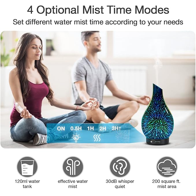 Essential Oil Diffuser Aromatherapy Diffuser- 120 ml Glass Ultrasonic Cool Mist Oil Diffuser, Whisper Quiet with Waterless Auto Shut-Off, 4 Timer Setting,7 Colors Night Light for Home (Silver)
