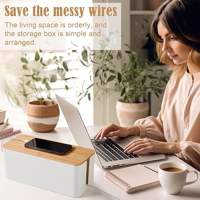 Cable Tidy Box White Cable Box with Bamboo Lid Cable Organiser Cable Management Box for Hiding Cables and Plugs
