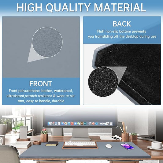 AKOZLIN 35.4"x 18.9" Soft PU Leather Surface Office Desk Mouse Mat Anti-Push Pad with Full Grip Fixation Lip Table Blotter Edge-Locked Protector Grey