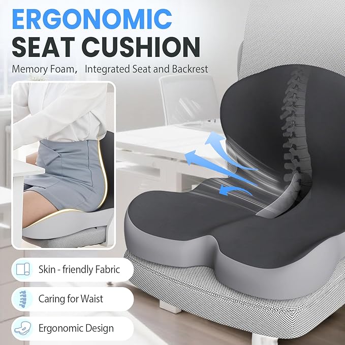 2025 New Back and Seat Cushion, Ergonomic Non-Slip Memory Foam Seat Cushion with Back Support, L-Shaped Breathable Backs Cushions for Car, Office, Home (Sky Blue)