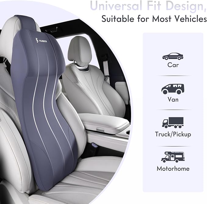 FLORICH Integrated Car Seat Lumbar Support Pillow & Car Neck Pillow Memory Foam Back Cushion for Driving Car Seat Back Support Pillow for Car Seats Driver Back Neck Sciatica Pain Relief Cushion, Blue