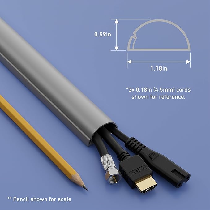 D-Line Cord Cover, Decorative Wall Cord Hider, Paintable Cable Concealer, Cable Raceway, Wire Cover, Wall Mounted TV Wire Hider, Electrical Cable Management - 1.18in W x 0.59in H x 39in Length - Gray
