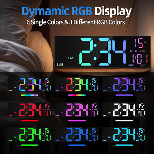 LEIKE 16.2'' Large Digital Wall Clock with Remote Control, Big LED/Dual Alarm/8 RGB Colors/Auto Brightness/Date/Auto DST/Temperature/Night Light Gym Clocks for Living Room Bedroom Office Wall Decor