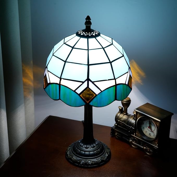 Sky Blue and White Lamp Small Tiffany Lamps Bedside Nightstand for Bedroom Dector Light Stained Glass Table Lamp Living Room Kitchen Night Lamp Farmhouse Cute 8 Inch Aesthetic Mediterranean Desk Lamps