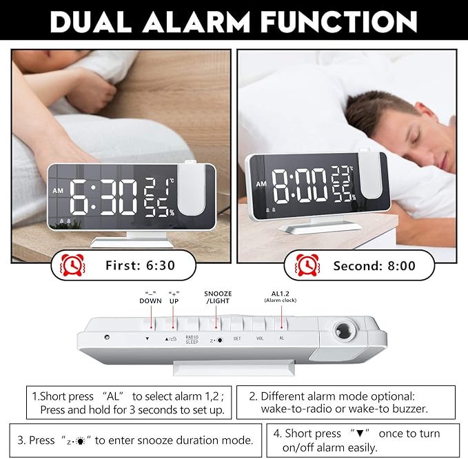 Projection Alarm Clock for Bedroom, Digital Alarm Clock with USB Charger, 7.4" Large LED Mirror Display Radio Alarm Clock, Dual Smart Alarm with Projection on Ceiling, White