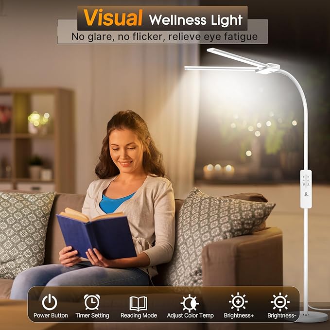 Syrinx LED Floor Lamp, Double Head Gooseneck Floor Lamps for Living Room with Gesture Switch & Remote Control, 14W Bright Tall Standing Lamp Modern Eye-Caring Reading Floor Lamp for Bedroom Office