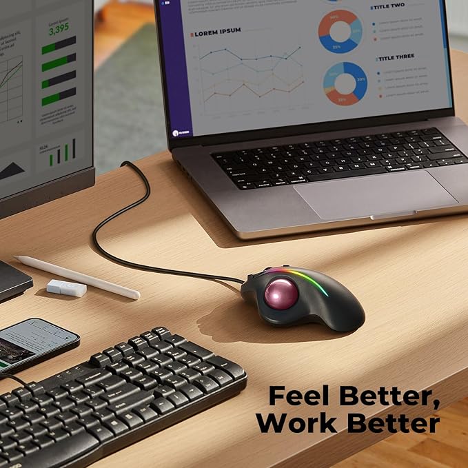 Wired Trackball Mouse with RGB Lighting, Ergonomic Thumb Control to Reduce Muscle Strain, 5 Adjustable DPI, Dual USB-C & USB-A Connectivity, Compatible with PC, Laptop, Mac, Windows-Pink