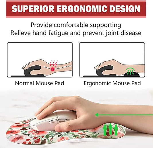 Mouse Pad with Wrist Support, TuLuLu Ergonomic Gel Wrist Rest Pad with Non-Slip PU Base,Comfortable Computer Mouse Pad for Laptop Gaming Office Home Easy Typing & Pain Fatigue Relief, Red Flowers