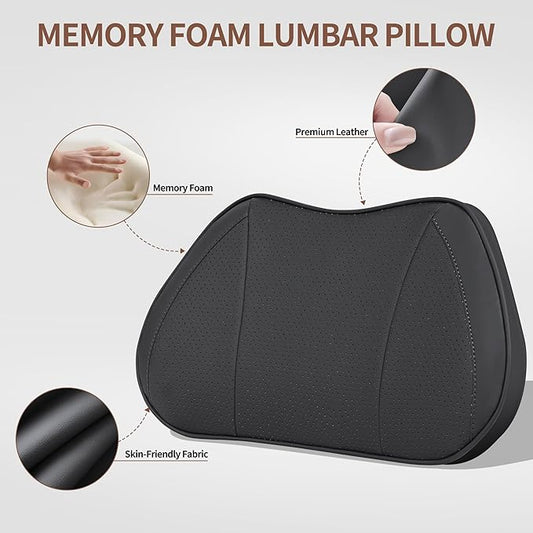 Lumbar Support Pillow for Car, Premium Leather Memory Foam Lumbar Cushion for Lower Back Pain Relief, Universal Back Support for Driving, Home & Office Chairs, Black, 1 Pack