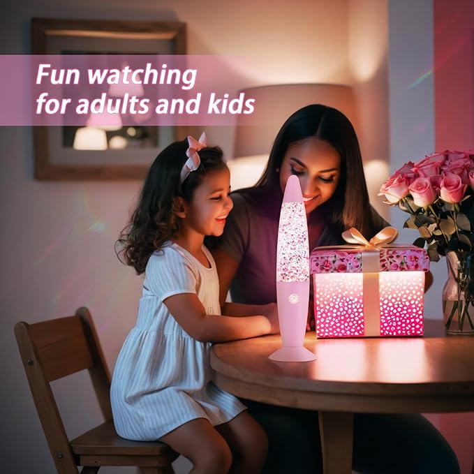 13 Inches Pink Glitter Lamp with Hexagonal and Pentagonal Sparkles for Adults and Kids,Glitter Pink Night Light for Girls Bedroom Home and Party Christmas Thanksgiving Day Decoration