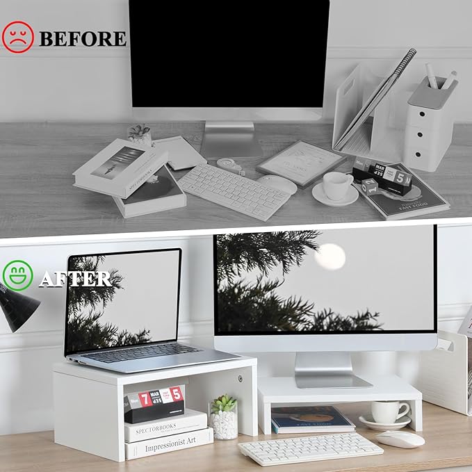 TEAMIX Adjustable White Monitor Stand Riser - 2 Pack, Wood 2 Tier Adjustable Stand for 2 Monitors/Laptop/PC