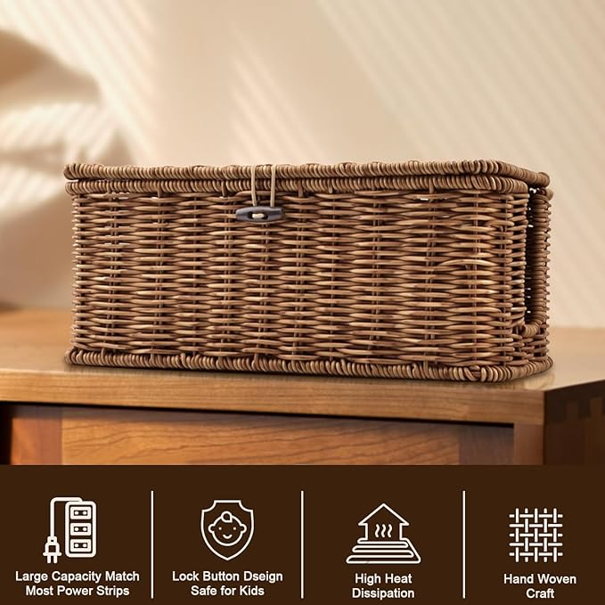 Handmade Cable Management Box – Stylish & Functional Cable Organizer with 2 Open Slots for Home & Office, TV Wires Computer Router USB Hub & Power Strip Rattan Cord Hider Box (Brown)