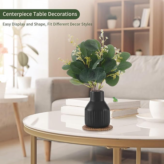Artificial Eucalyptus Greenery Stems in Ceramic Vase,10Pcs Fake Plants Eucalyptus Leaves faux Plants for Centerpiece Table Decorations Home Room Decor office desk decor Greenery Decor indoor (Black)