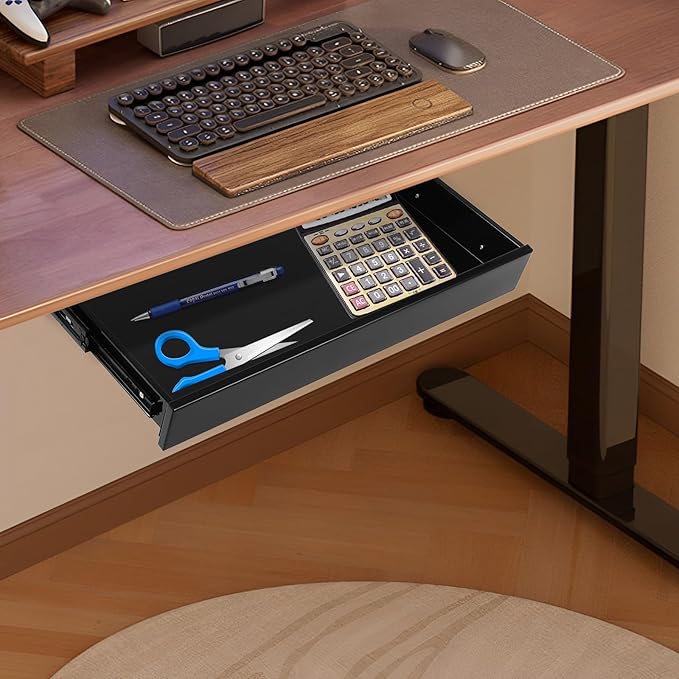 Under Desk Mounted Sliding Pull-out Drawer, 21.6 x 14 x 3inch Under Desk Office Storage Organizer, Mounts to Desktops Workbenches Over 0.787 Inches Thick, Load Capacity 2kg, Black