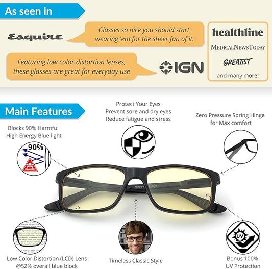 J+S Vision Blue Light Blocking Glasses for Men Women | Computer Gaming Work| Anti Strain Fatigue UV Glare | Medium-Small Fit