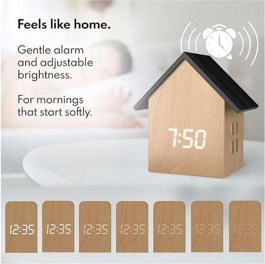 Driini Digital House-Shaped Alarm Clock with Temperature Display (Light Wood) – Modern Aesthetic - Cute Cube Frame and White LED Dimmer - Perfect Small Desk Clock for Bedside Table or Bedroom Mantle