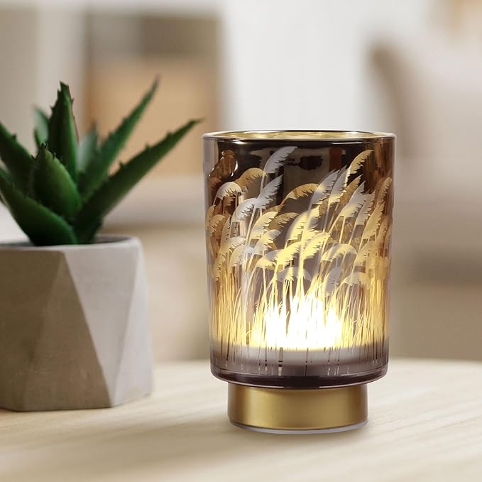 Eywamage Small Battery Operated Table Lamp with Remote Timer, Pampas Glass Cordless Accent Lamp for Bedroom Kitchen Living Room