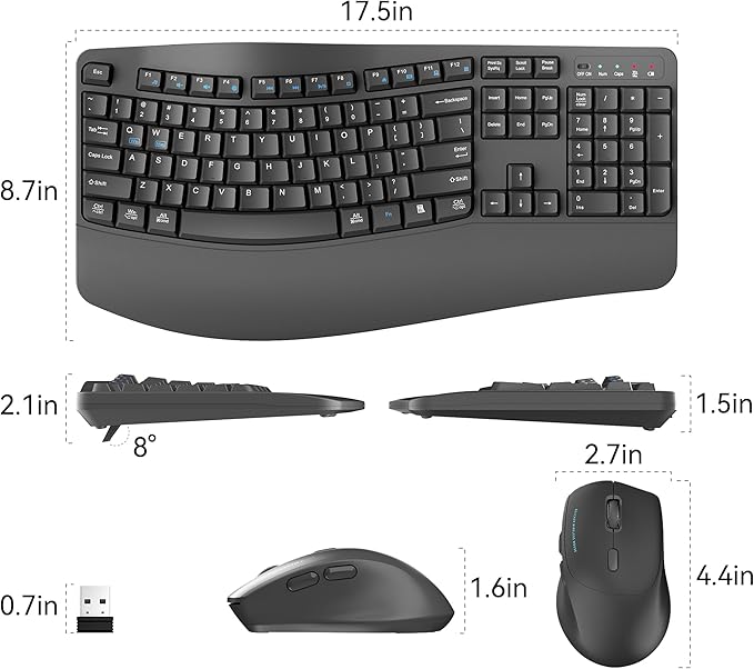 Wireless Keyboard and Mouse Combo,2.4G Full Size Wave Keys Ergonomic Keyboard with Wrist Rest for Natural Typing, 3 DPI Adjustable Ergonomic Silent Mouse for Computer/Laptop/Windows/Mac (Grey)