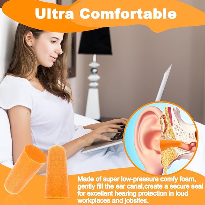200 Pairs Earplugs for Noise Cancelling Individual Bagged Foam EarPlugs for Sleeping Work Snoring Sound Blocking Construction Loud Noise Reducing Earplugs Orange Color