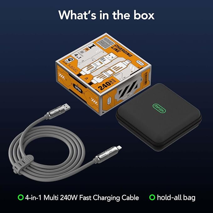 MFish 4-in-1 Universal USB Charging Cable with Carrying Case – 240W Max Fast Charger Cord, USB-A, Dual USB-C & Lighting, for iPhone 14/15/16/17 Series, iPad & MacBook and More(Grey, 6.6Ft)