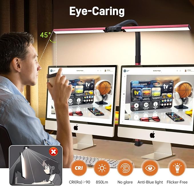 LED Desk Lamp for Home Office, Eye-Caring Desk Light with Clamp, 24W Double Head Architect Task Lamp Stepless Dimming, Flexible Gooseneck Bright Table Lamp for Study Reading Workbench Drafting Red