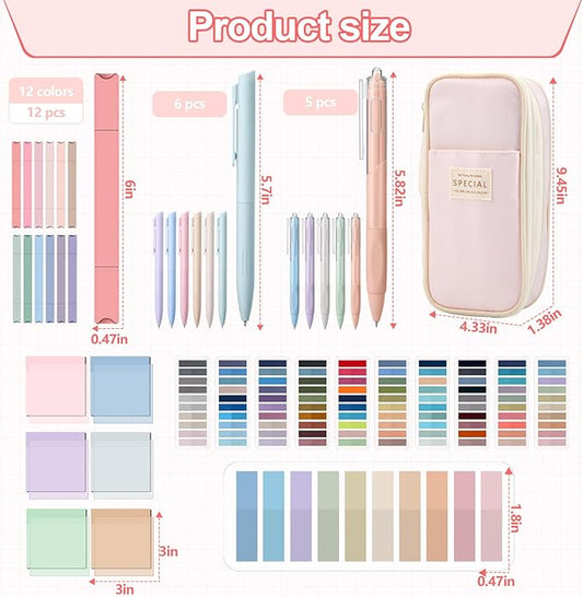135 Pcs Book Annotation Kit Aesthetic Pencil Case Bag with 12 Highlighter 11 Gel Pen 1 Marker 300 Sheets Transparent Sticky Notes Pads 2640 Index Tabs Bible Study Supplies for School Gift(Pink)