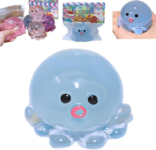 Cute Crystal Octopus Squishy Toys - Upgrade Clear Pink Blue Sequins Octopus Soft Sticky Toys, Animals Sticky Stress Ball, Stress Relief Fidget Sensory Toys, Birthday Office Favors for Adults (Blue)
