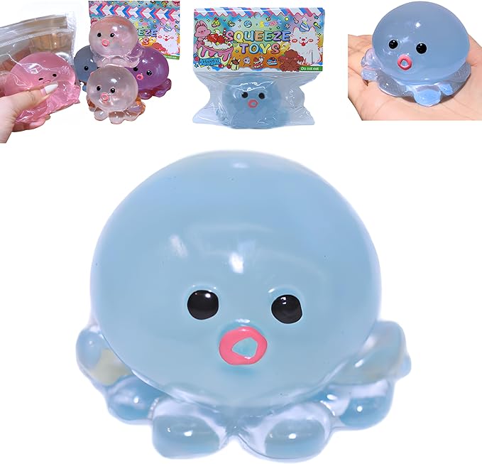 Cute Crystal Octopus Squishy Toys - Upgrade Clear Pink Blue Sequins Octopus Soft Sticky Toys, Animals Sticky Stress Ball, Stress Relief Fidget Sensory Toys, Birthday Office Favors for Adults (Blue)