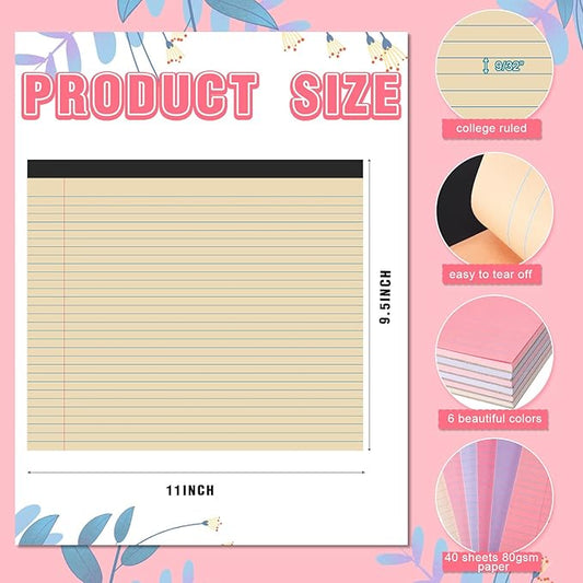 Lincia 6 Pcs 11" x 9.5" Legal Pads College Ruled Notepad Landscape Notebook Horizontal Lined Notebook 80 Gsm Assorted Colors Paper Pastel Writing Pads for School Office, 40 Sheet (Happiness Color)