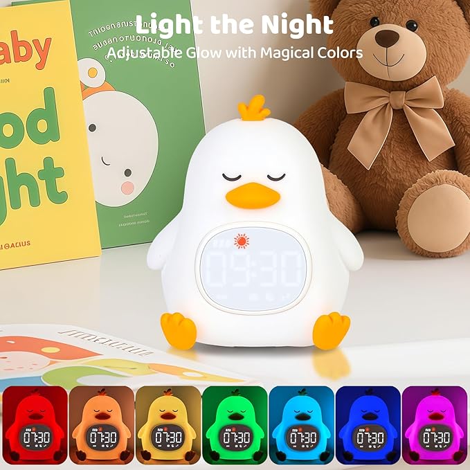 Sleepy Duck Alarm Clock with Night Light for Kids with Sleep Training and Sound Machine, Rechargeable Silicone Lamp OK to Wake Clock,Cute Animal Tabletop Lamp, Perfect Sleep Companion for Boys Girls