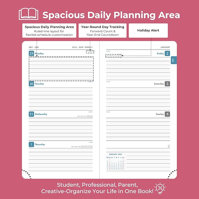 Weekly Monthly 2026 Planner (Jan.26-Dec.26),6.5"x3.75",12 Months Agenda Plan with Month Tabs & Pocket,Expenses/Note Pages, Appointment Book Calendar with Vegan Leather Cover,Rose Red