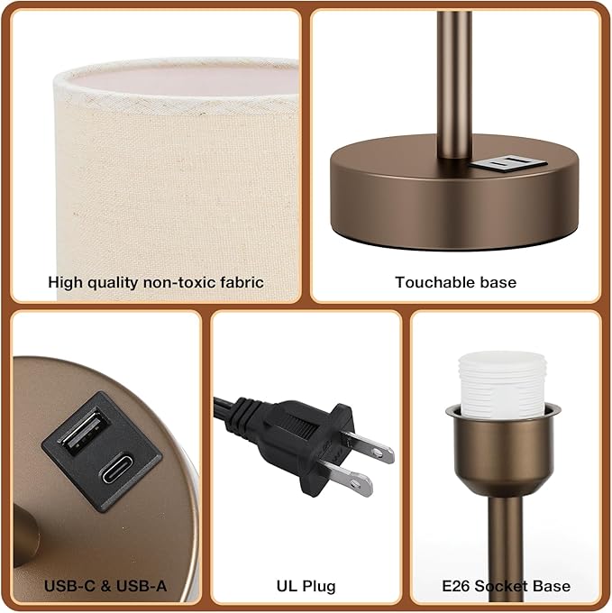 Beige Touch Table Lamp for Bedroom - 3 Way Dimmable Bedside Lamp with USB, Nightstand Lamp with Brown Charging Station for Desk, Dorm, Office