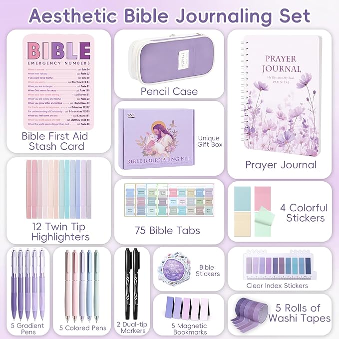 XKDOUS Bible Study Supplies Journaling Kit for Women, Bible Study Kit, Bible Study Tools with Prayer Journal Pencil Case Bible Accessories, Christian Gifts for Women, Purple
