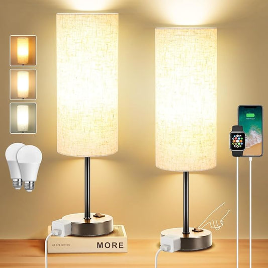 ZJOJO Table Lamp for Bedroom 2 Pack,18in Bedside Lamps with 3 Way Dimmable Rocker Switch & AC Outlet,Nightstand Desk Lamp with Flaxen Fabric Shade Black Base for Living Room Home Decor Lights