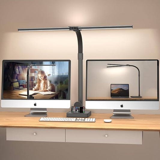 Double Head LED Desk Lamp, Architect Desk Lamps for Home Office, 24W Brightest Workbench Office Lighting-5 Color Modes and 5 Dimmable Eye Protection Modern Desk Lamp (Black-Desktop, Big)