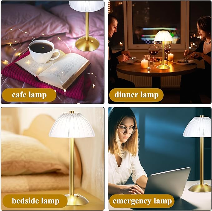 Liliful 6 Pcs LED Portable Cordless Table Lamp Touch Battery Operated Rechargeable Desk Lamp 3 Color Dimmable for Bedroom Living Room Dining (Mushroom Style,Gold)